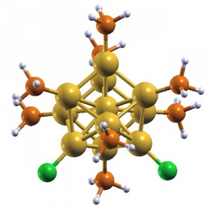 A model of a nanocluster comprised of 11 gold atoms with attached ligand atoms. (Yan Li, Brookhaven National Laboratory.)
