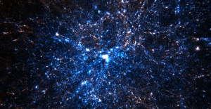A small subset of the particles from the Dark Sky Simulation Collaboration, showing a massive galaxy cluster at the center. Particles are colored by their incoming (blue) or outgoing (red) velocity with respect to the cluster. (See ihttp://darksky.slac.stanford.edu/halo_world.html.) 