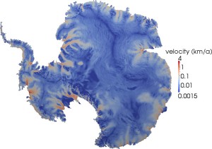 These visualizations show ice flow velocity at the surface from satellite observations (top) and as reconstructed from parameters derived by solving the inverse problem. The scale is kilometers per year. The inverse reconstruction most closely matches reality in the critical coastal areas. (Tobin Isaac, University of Texas.) 